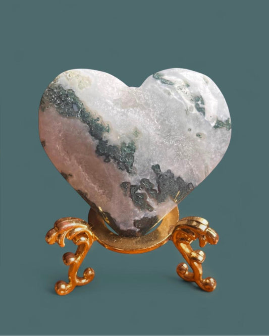 Moss Agate | Heart Carving on Stand