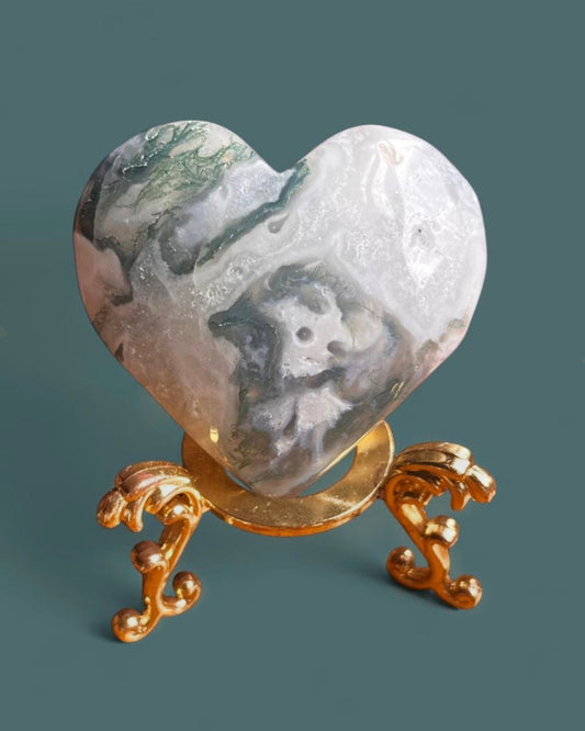 Moss Agate | Heart Carving on Stand